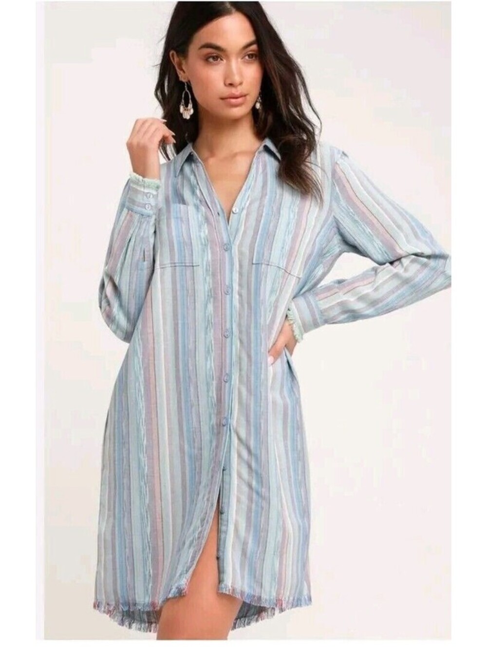 Cloth & Stone (S) Button Down Chambray Linen Blend Shirt Dress Raw Hem Coverup